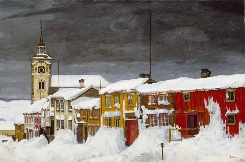 Lillegaten in Røros na een sneeuwstorm, olieverfschilderij door Harald Sohlberg, 1903. (Nasjonalmuseet Oslo)